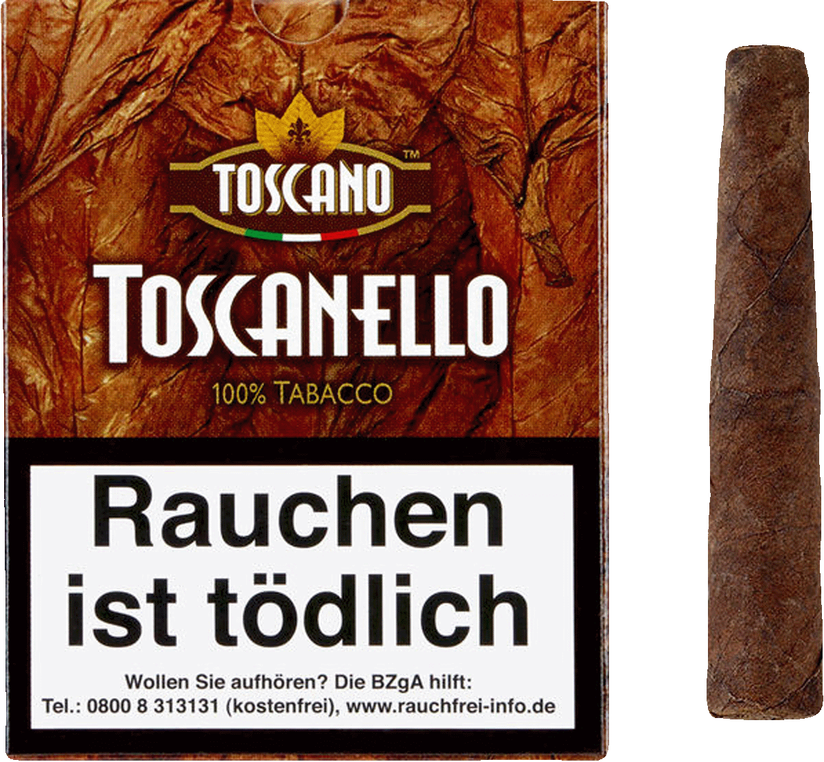 Toscano Toscanello - Pappetui vorne mit Zigarillo