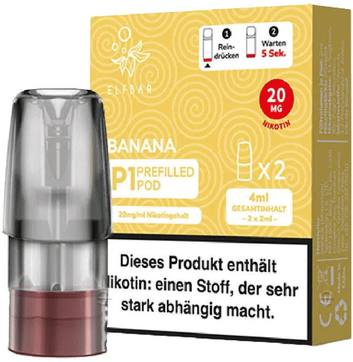 Elfbar Mate500 2er Pods Banana 20mg Packung stehend, schräg von vorne, davor steht 1 Pod
