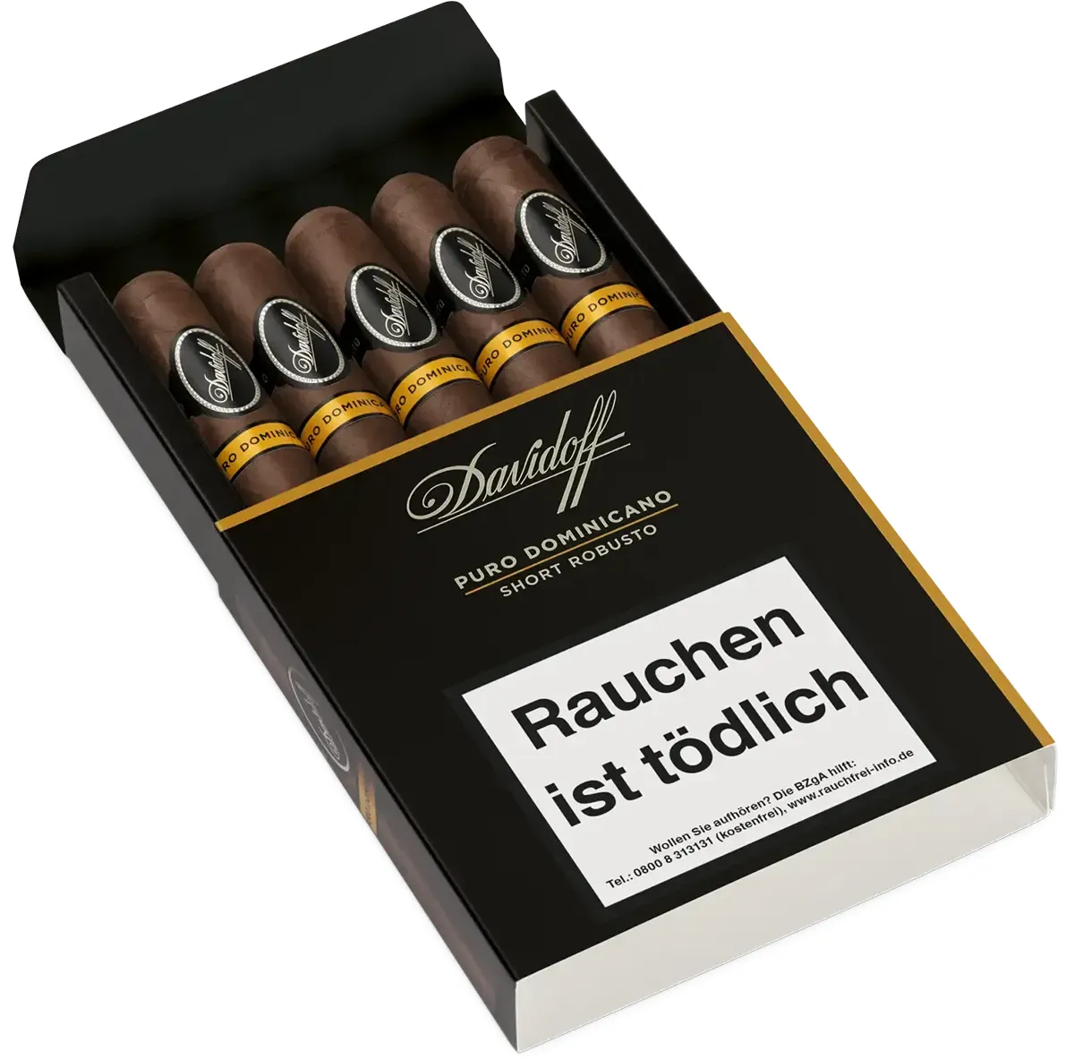 Davidoff Puro Dominicano Short Robusto 5er Packung offen schräg liegend von vorne