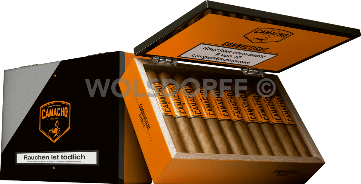 Camacho Connecticut Robusto - Kiste seitlich geöffnet