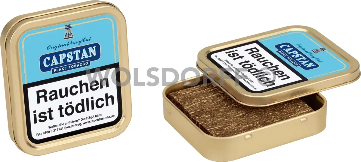 Mac Baren Capstan Original Navy Cut 50g Dose 1x aufgestellr mit Obersetite nach vorne, geschlossen und 1x schräg liegend, Deckel halbschräg geöffnet