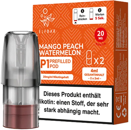 Elfbar Mate500 2er Pods 3er Set Mango Peach Watermelon Packung stehend, schräg von vorne, davor steht 1 Pod