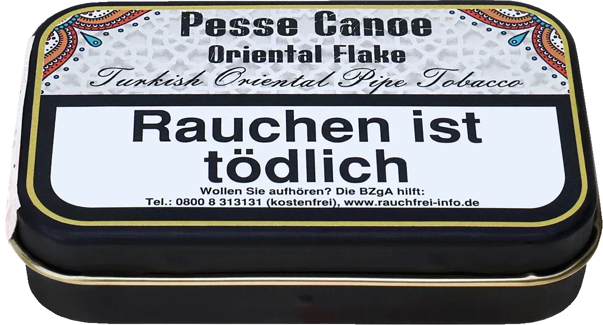 Gladora Pesse Canoe Latakia Flake Turkish Oriental Pipe Tobacco Dose liegend von vorne