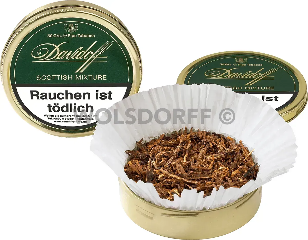 Davidoff Pfeifentabak Scottish Mixture Dose und geöffnete Dose von vorne