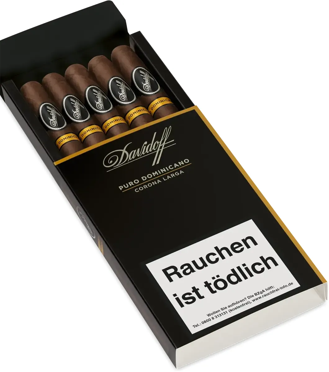 Davidoff Puro Dominicano Corona Larga 5er Etui schräg liegend geöffnet von vorne