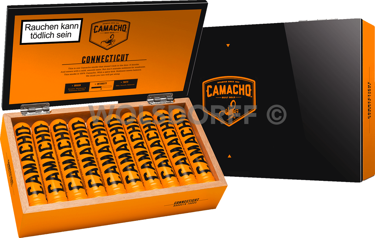 Camacho Connecticut Robusto - Kiste vorne geöffnet