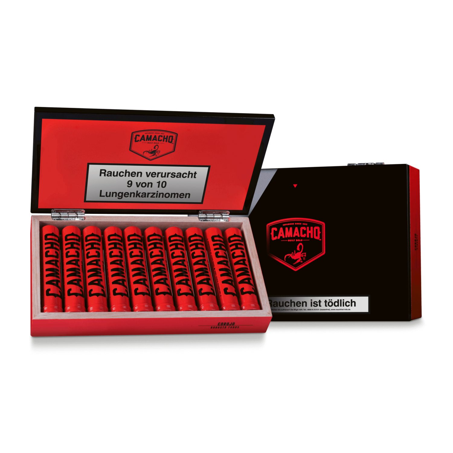 Camacho Corojo Robusto - Kiste vorne geöffnet