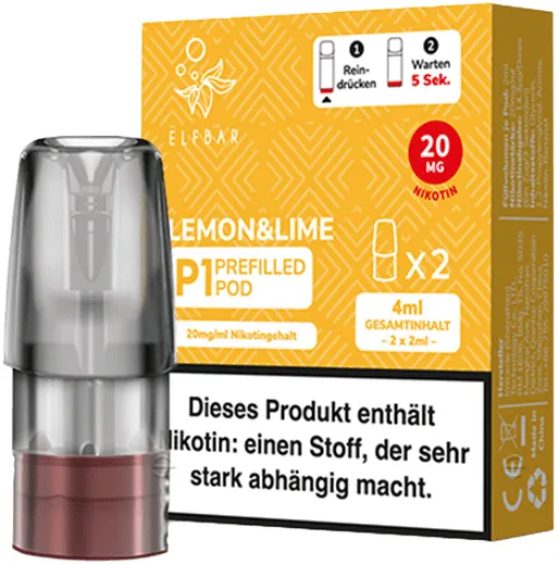 Elfbar Mate500 2er Pods 3er Set Lemon Lime Packung stehend, schräg von vorne, davor steht 1 Pod
