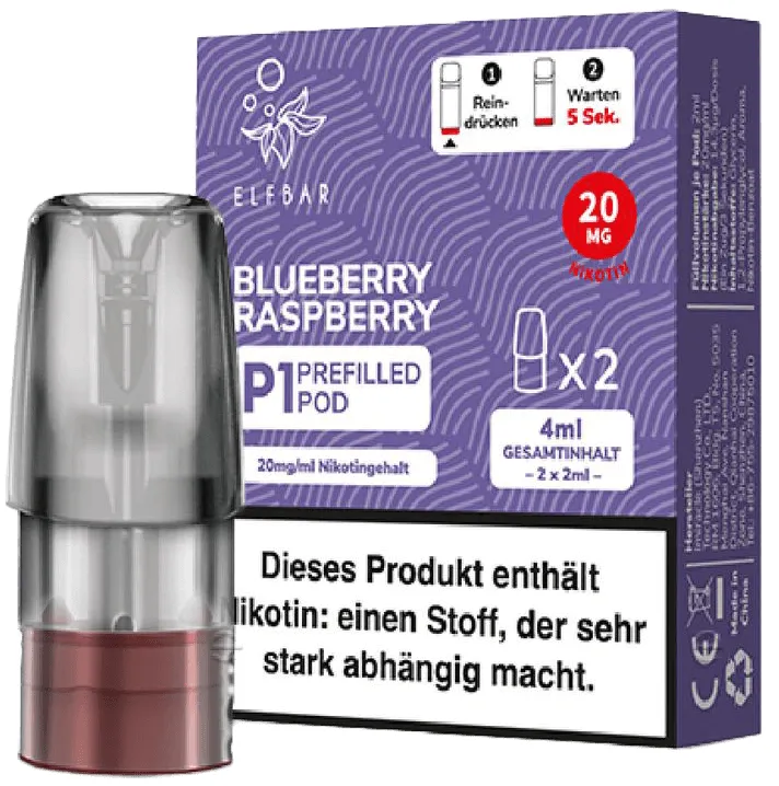 Elfbar Mate500 2er Pods 3er Set Blue-Raspberry Packung stehend, schräg von vorne, davor steht 1 Pod