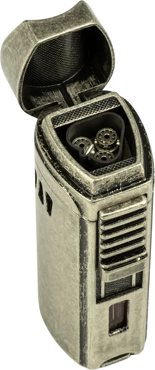 Passatore Zigarrenfeuerzeug Trinidad silber Antik mit Zigarrenbank und Rundcutt offen