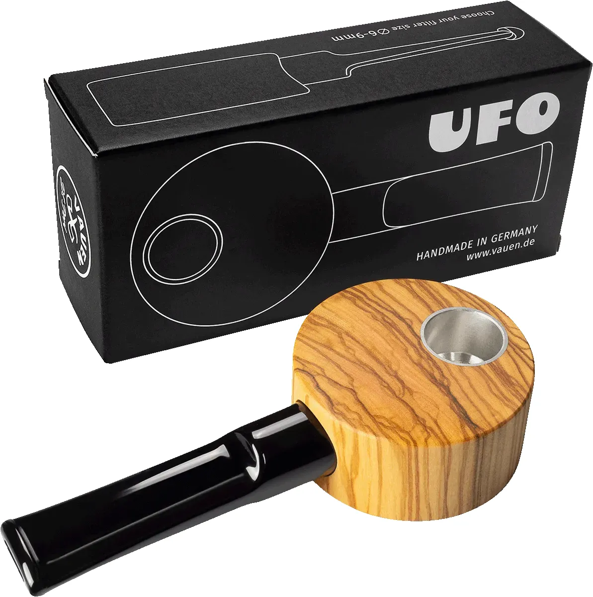 Vauen Pfeife Ufo 1 Olive Karton Verpackung mit Pfeife davor