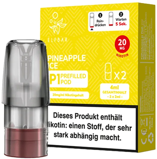 Elfbar Mate500 2er Pods 3er Set Pineapple Ice Packung stehend von vorne mit Pod im Vordergrund