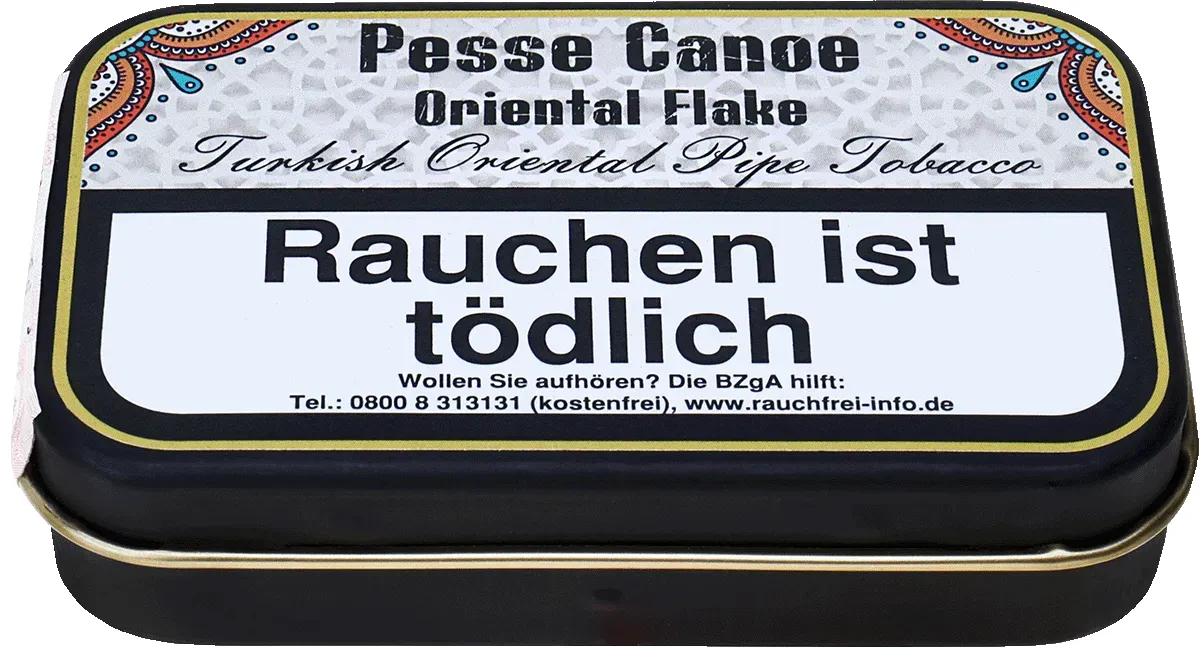 Gladora Pesse Canoe Latakia Flake Turkish Oriental Pipe Tobacco Dose liegend von vorne