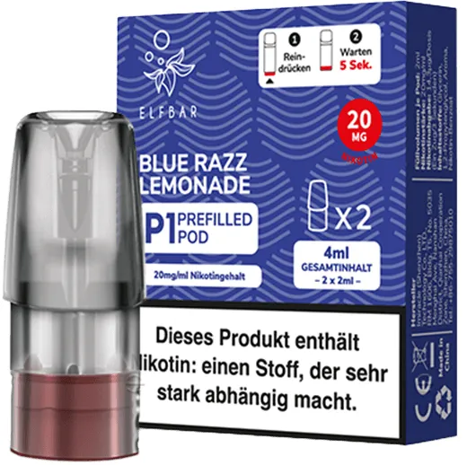 Elfbar Mate500 2er Pods 3er Set Blue Razz Lemonade Packung stehend, schräg von vorne, davor steht 1 Pod