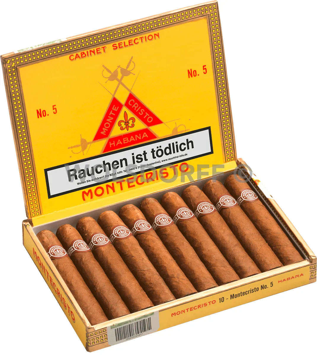 Montecristo No 5, Zigarren Kiste schräg stehend, geöffnet