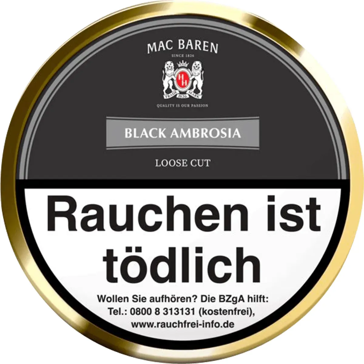 Mac Baren Black Ambrosia 100g Dose, Oberseite, geschlossen