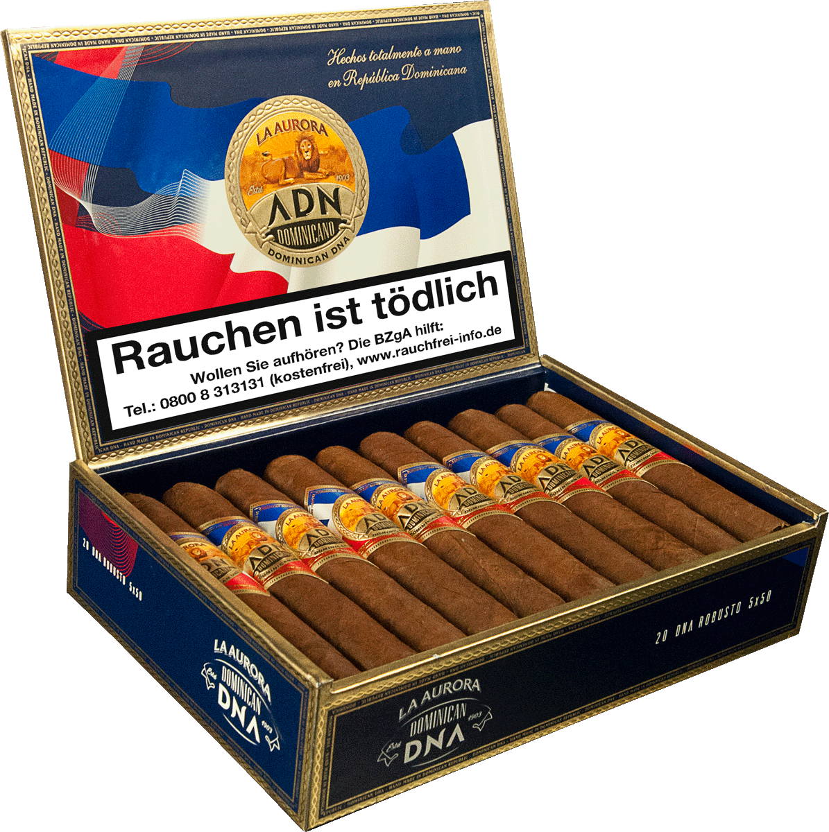 La Aurora ADN Dominicano Robusto - Kiste seitlich geöffnet