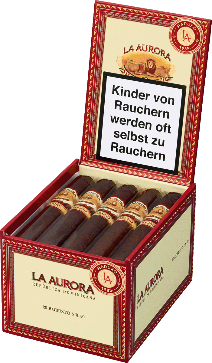 La Aurora 1985 Maduro Robusto - Kiste seitlich geöffnet