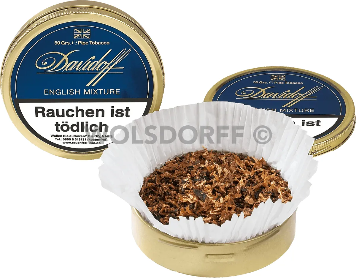 Davidoff Pfeifentabak English Mixture Dose stehend und Dose geöffnet mit Tabak