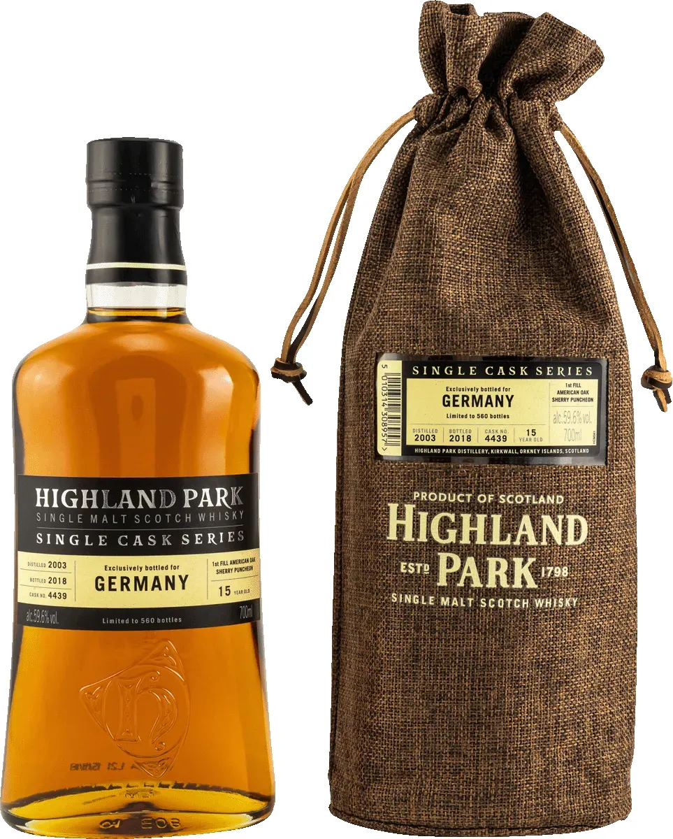 Highland Park 2003/2018 Flasche mit Beutel Vorderseite