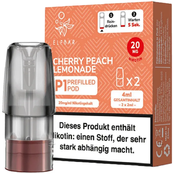 Elfbar Mate500 2er Pods 3er Set Cherry Peach Lemonade Packung stehend, schräg von vorne, davor steht 1 Pod
