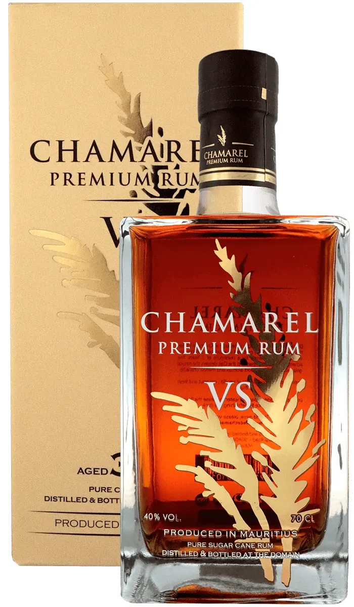 Chamarel Rum Umverpackung und Flasche