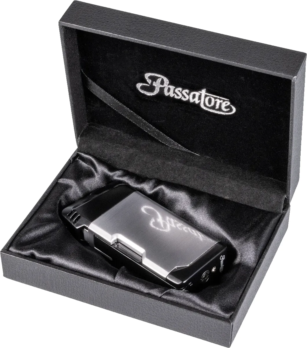 Passatore Pfeifenfeuerzeug Henry chrom satin/schwarz Umberpackung