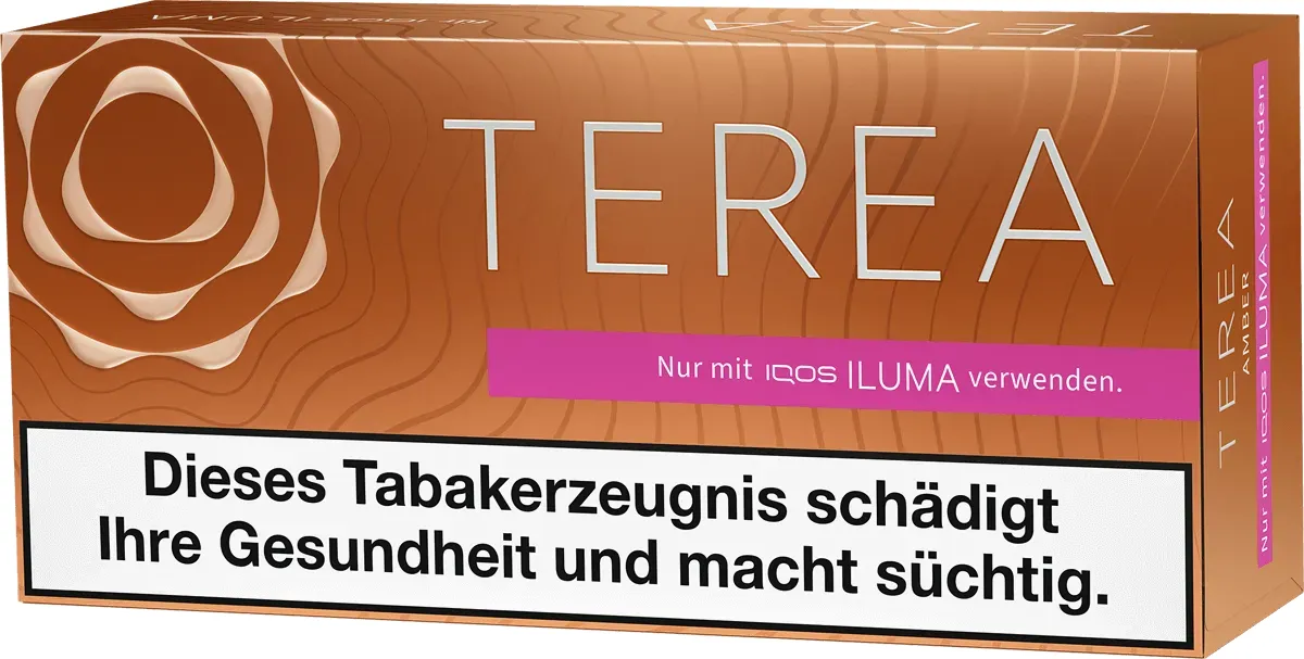 IQOS Terea Amber Gebinde Vorderseite von rechts