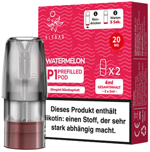 Elfbar Mate500 2er Pods 3er Set Watermelon Packung stehend, schräg von vorne, davor steht 1 Pod