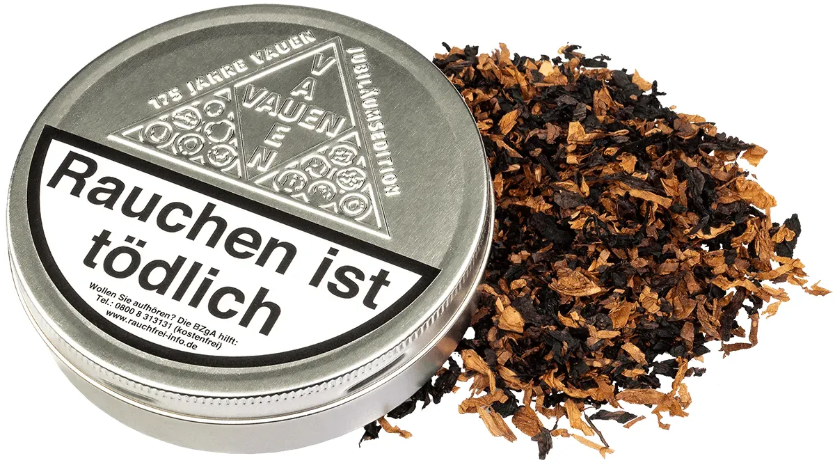 Vauen Jubiläumsedition 175 Jahre Dose liegend von vorne mit Tabak