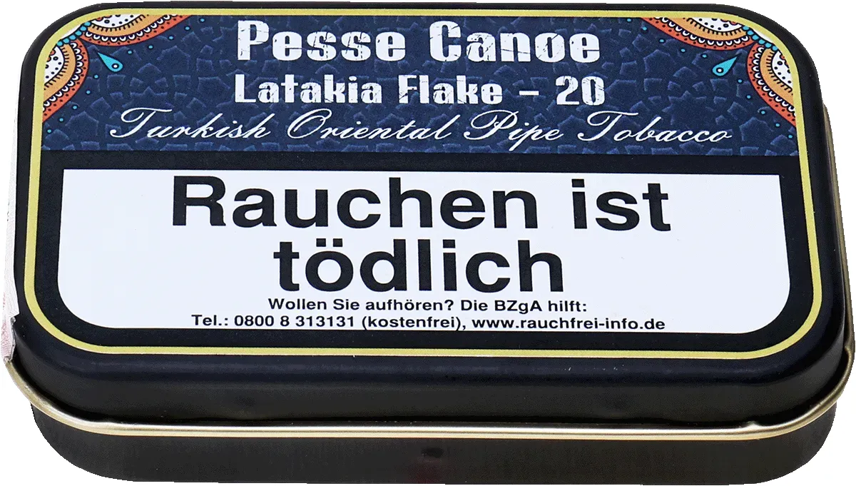 Gladora Pesse Canoe Latakia Flake-20 Turkish Oriental Pipe Tobacco Dose liegend von vorne