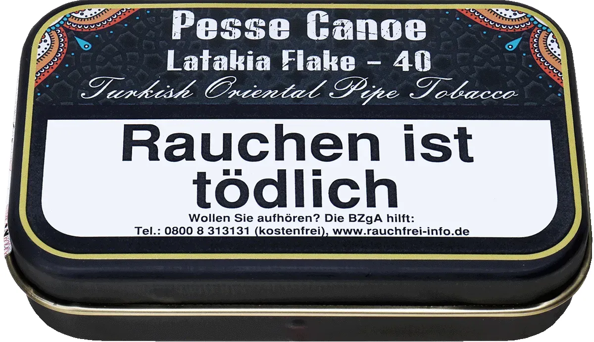 Gladora Pesse Canoe Latakia Flake-40 Turkish Oriental Pipe Tobacco Dose liegend von vorne