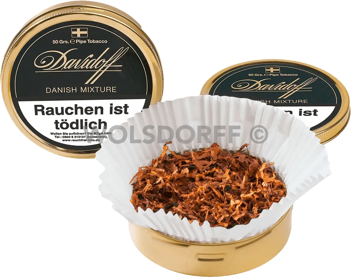 Davidoff Pfeifentabak Danish Mixture Dose geschlossen und Dose geöffnet mit Tabak