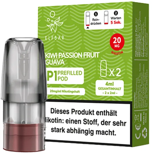 Elfbar Mate500 2er Pods 3er Set Kiwi Passion Guava Packung stehend, schräg von vorne, davor steht 1 Pod