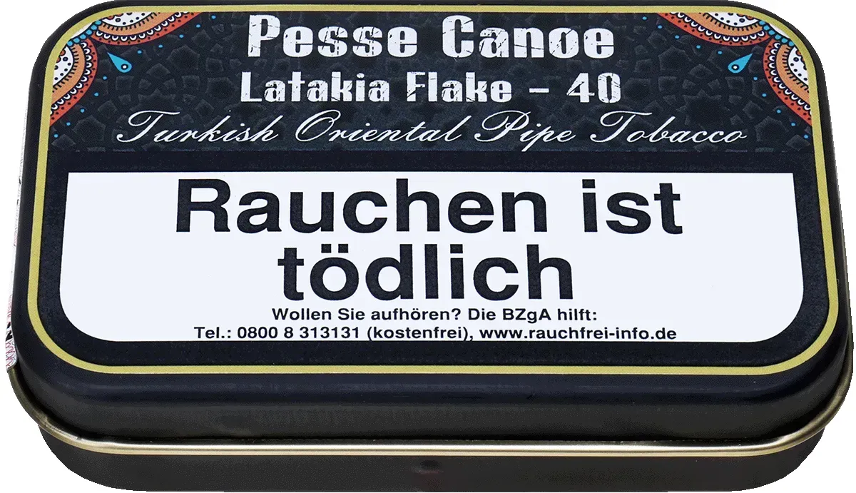 Gladora Pesse Canoe Latakia Flake-40 Turkish Oriental Pipe Tobacco Dose liegend von vorne