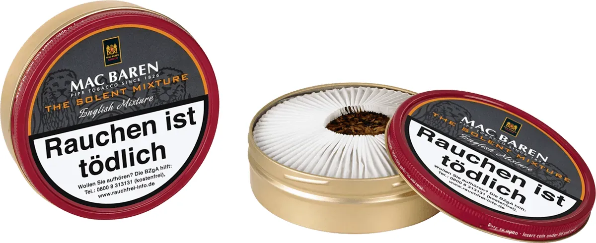 Mac Baren The Solent Mixture Pfeifentabak Dose und Dose geöffnet von vorne