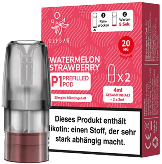 Elfbar Mate500 2er Pods 3er Set Watermelon Strawberry Packung stehend, schräg von vorne, davor steht 1 Pod