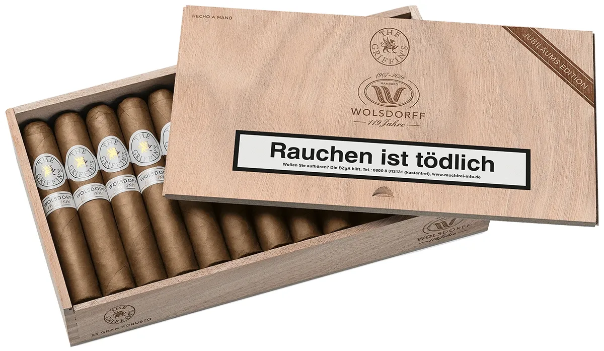 The Griffin's 119 Jahre WOLSDORFF Limited Edition Gran Robusto 25’S Kiste offen