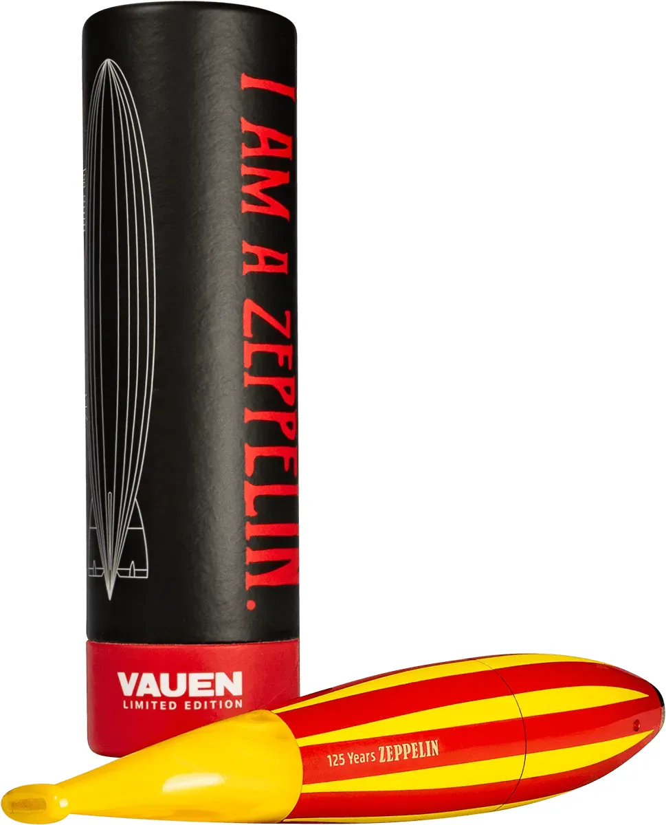 Vauen Pfeife Zeppelin rot/gelb Limited Edition Verpackung stehend und Pfeife davor liegend