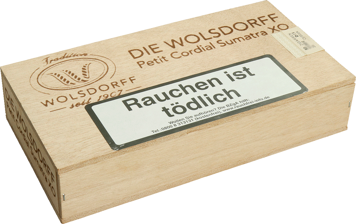 Die WOLSDORFF Petit Cordial Sumatra - Holzkiste seitlich geschlossen