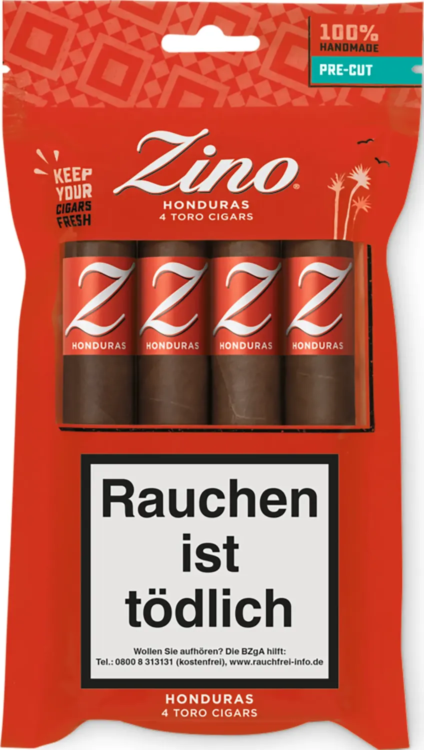 Zino Honduras Toro FP (Pre-Cut) 4 Stück von vorne