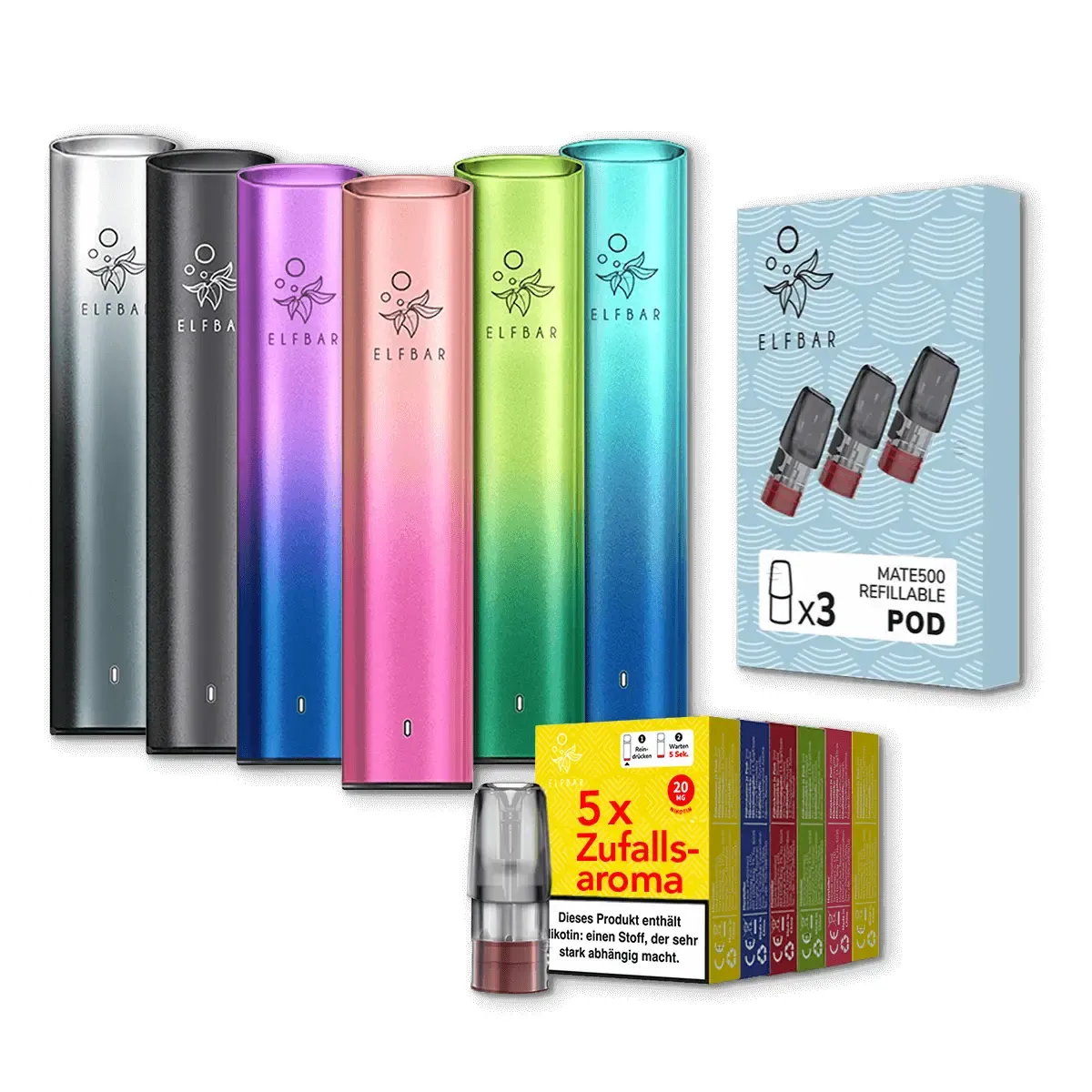 Elfbar Mate500 Black Grey Bundle klein mit Beispielpods im Vordergrund