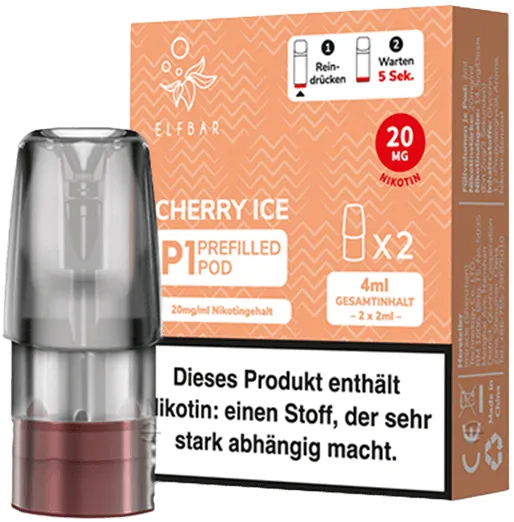Elfbar Mate500 2er Pods 3er Set Cherry Ice Packung stehend, schräg von vorne, davor steht 1 Pod
