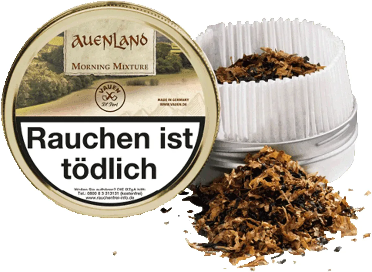Vauen Auenland Morning Mixture Dose geöffnet mit Tabak von vorne