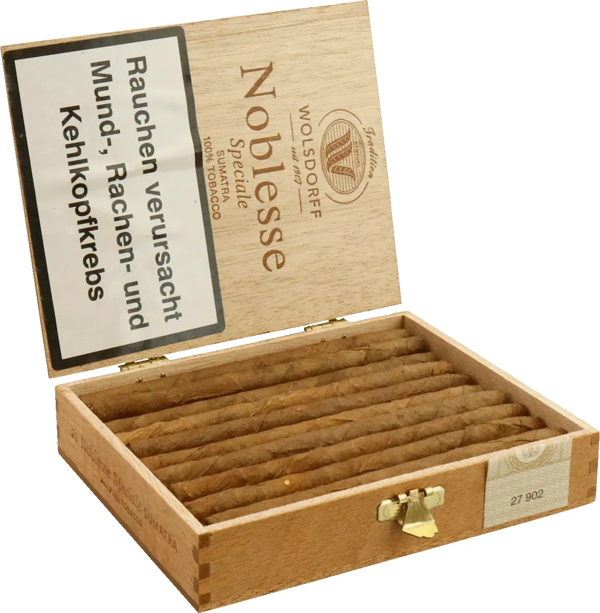 Noblesse Special Sumatra 20Stück offene holzkiste seitlich von vorne