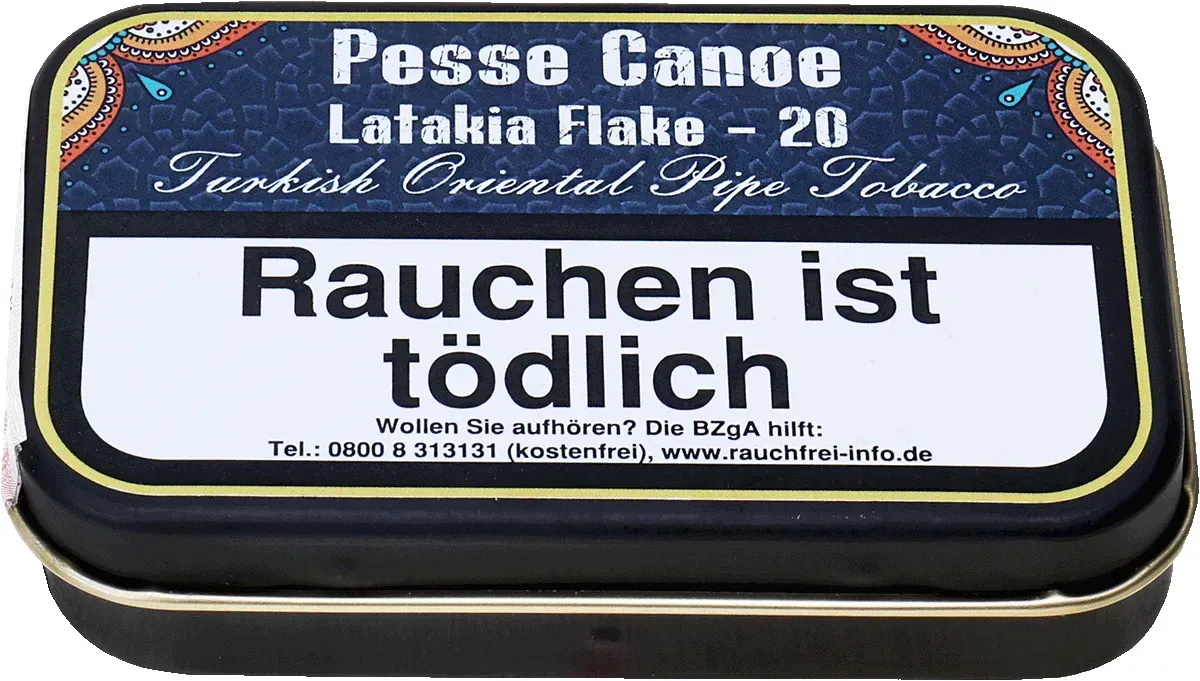 Gladora Pesse Canoe Latakia Flake-20 Turkish Oriental Pipe Tobacco Dose liegend von vorne