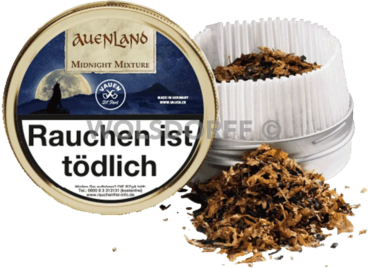 Vauen Auenland Midnight Mixture Dose geöffnet mit Tabak von vorne