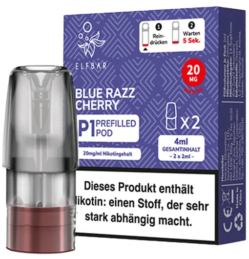 Elfbar Mate500 2er Pods Blue Razz Cherry Packung stehend, schräg von vorne, davor steht 1 Pod