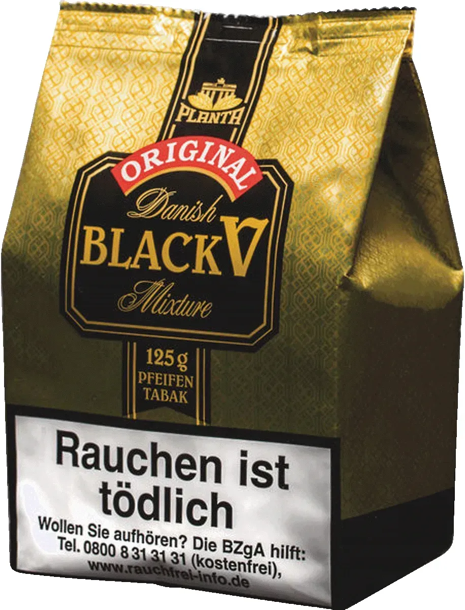 Danish Black V Pfeifentabak Beutel stehend von schräg vorne