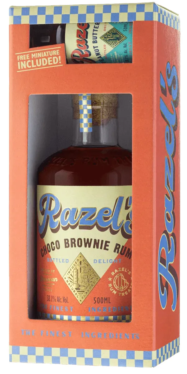 Razel Choco Brownie Umverpackung mit Flaschen